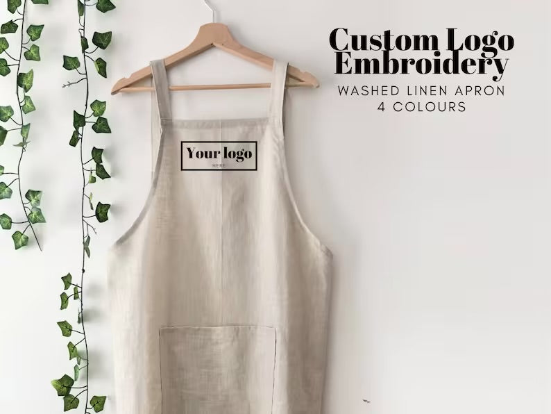 Personalised Logo Embroidered 100% Linen Pinafore Apron