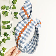 Load image into Gallery viewer, Blue Gingham Cotton Wire Headband with Ric Rac Detail