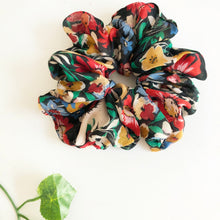 Load image into Gallery viewer, Silk Chiffon Dark Floral Scrunchie