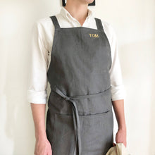 Load image into Gallery viewer, Personalised Charcoal Grey 100% Linen Pinafore Apron