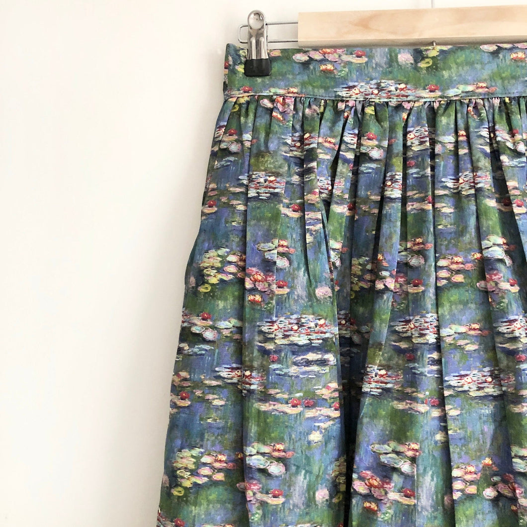Water Lilies Printed Cotton Midi Skirt, Art Print Skirt