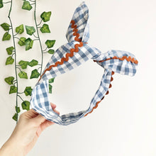 Load image into Gallery viewer, Blue Gingham Cotton Wire Headband with Ric Rac Detail
