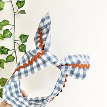 Load image into Gallery viewer, Blue Gingham Cotton Wire Headband with Ric Rac Detail
