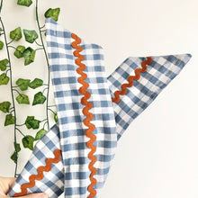 Load image into Gallery viewer, Blue Gingham Cotton Wire Headband with Ric Rac Detail

