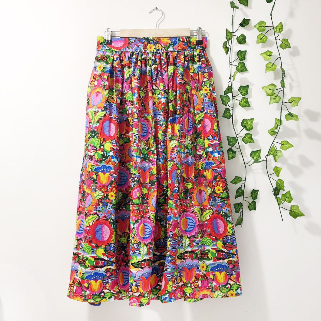Vibrant Floral Print Cotton Midi Skirt