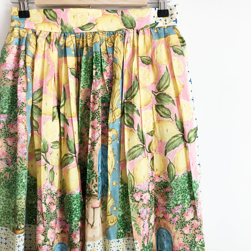 Lemon Garden Print Lurex Midi Skirt