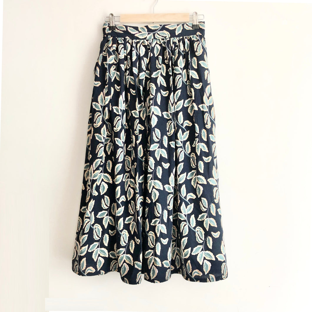 Printed Linen Midi Skirt - Navy