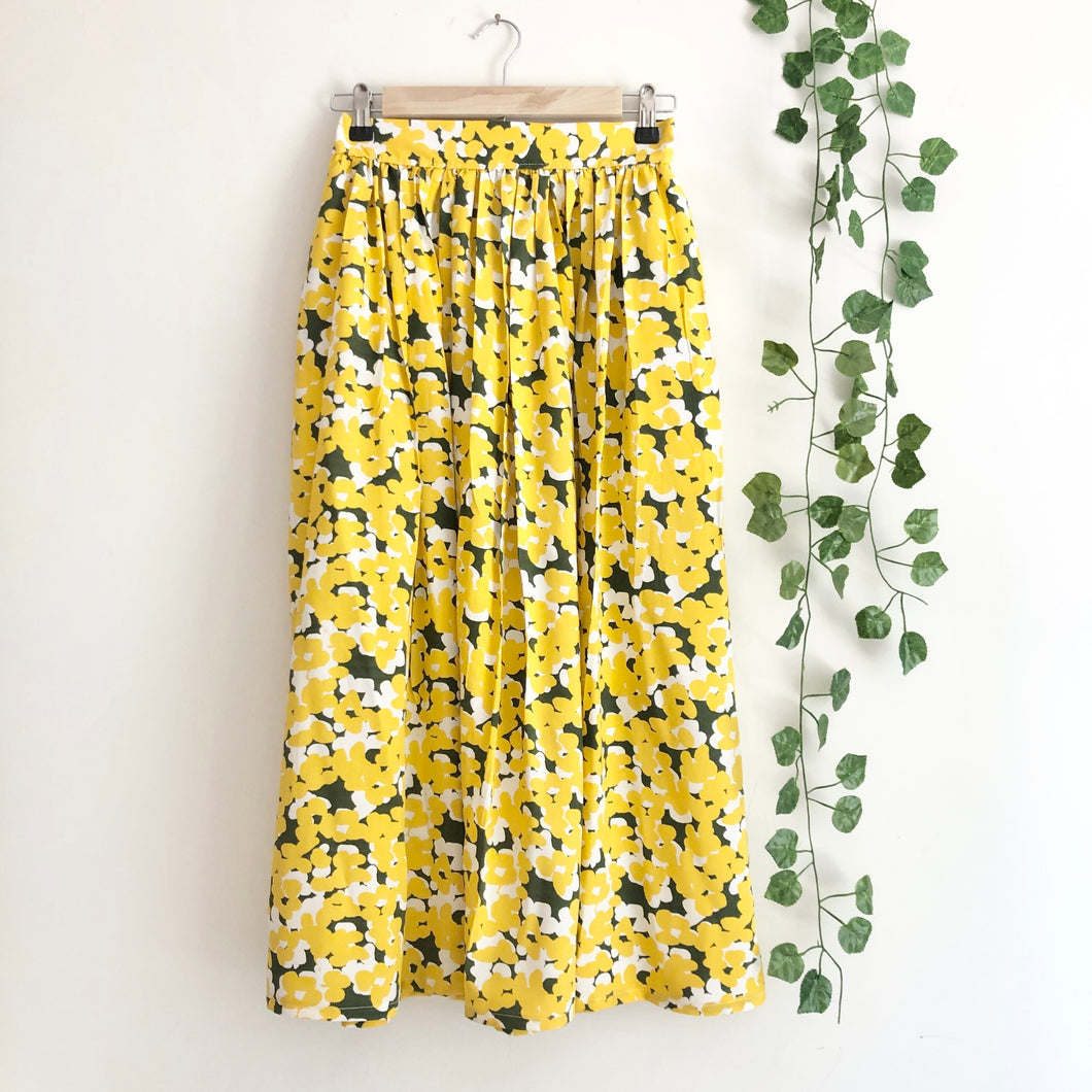 Yellow Floral Print Midi Skirt