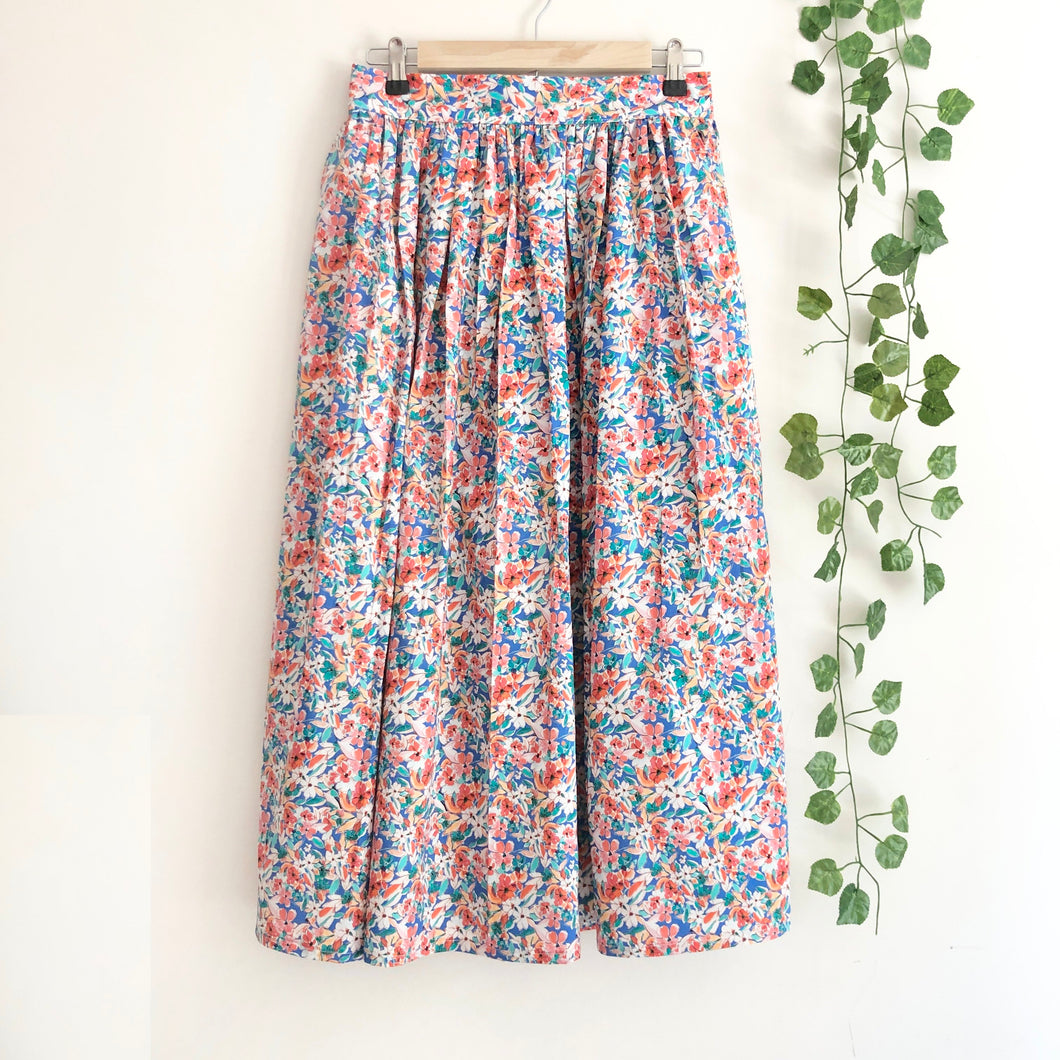Blue&Red Floral Print Cotton Midi Skirt