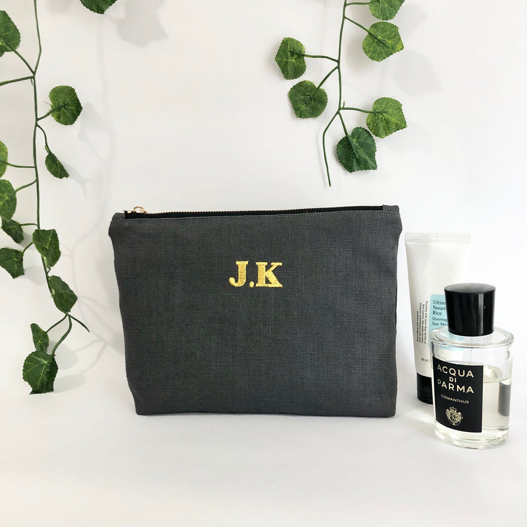 Personalised Embroidery Pouch Bags, Linen Pouch- Charcoal Grey