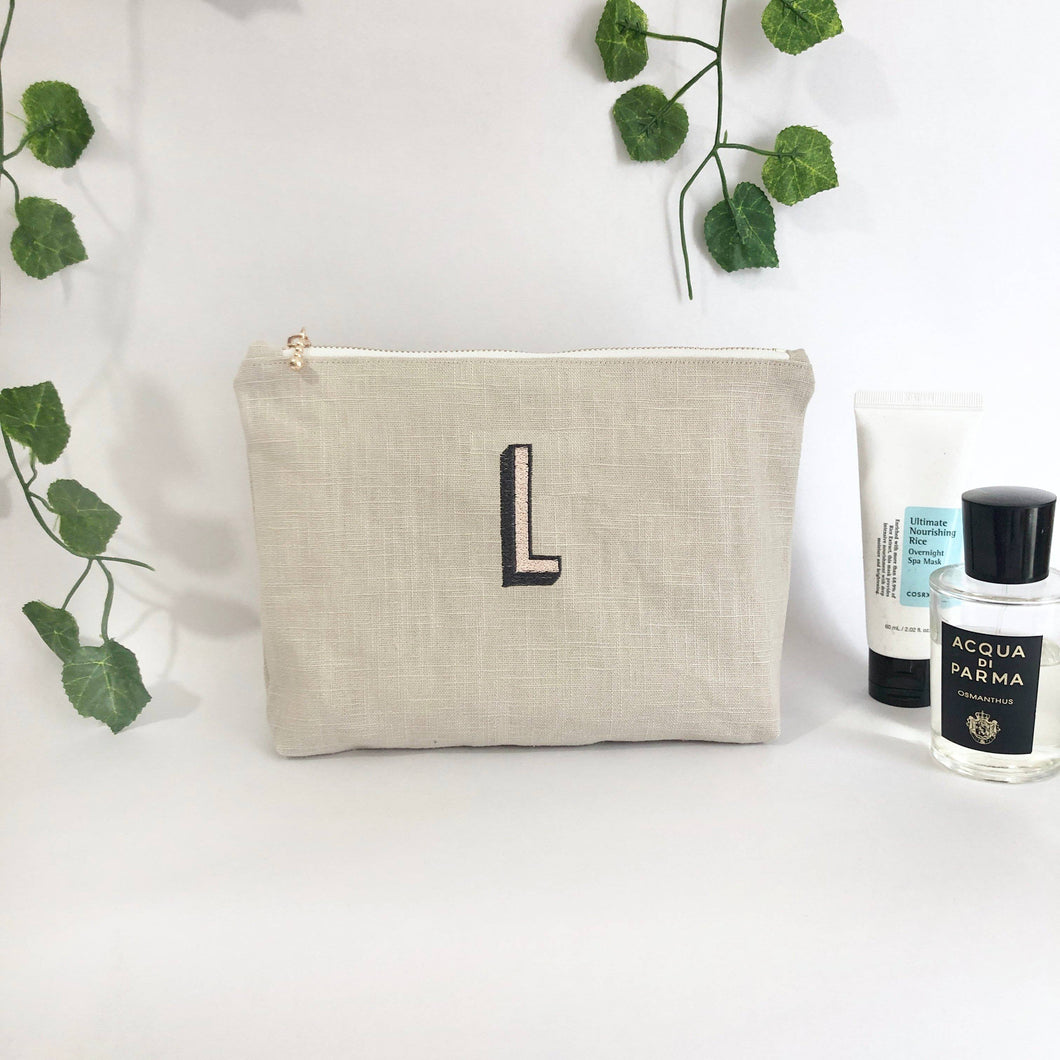 Initial Embroidery Pouch Bags, Linen Pouch- Natural