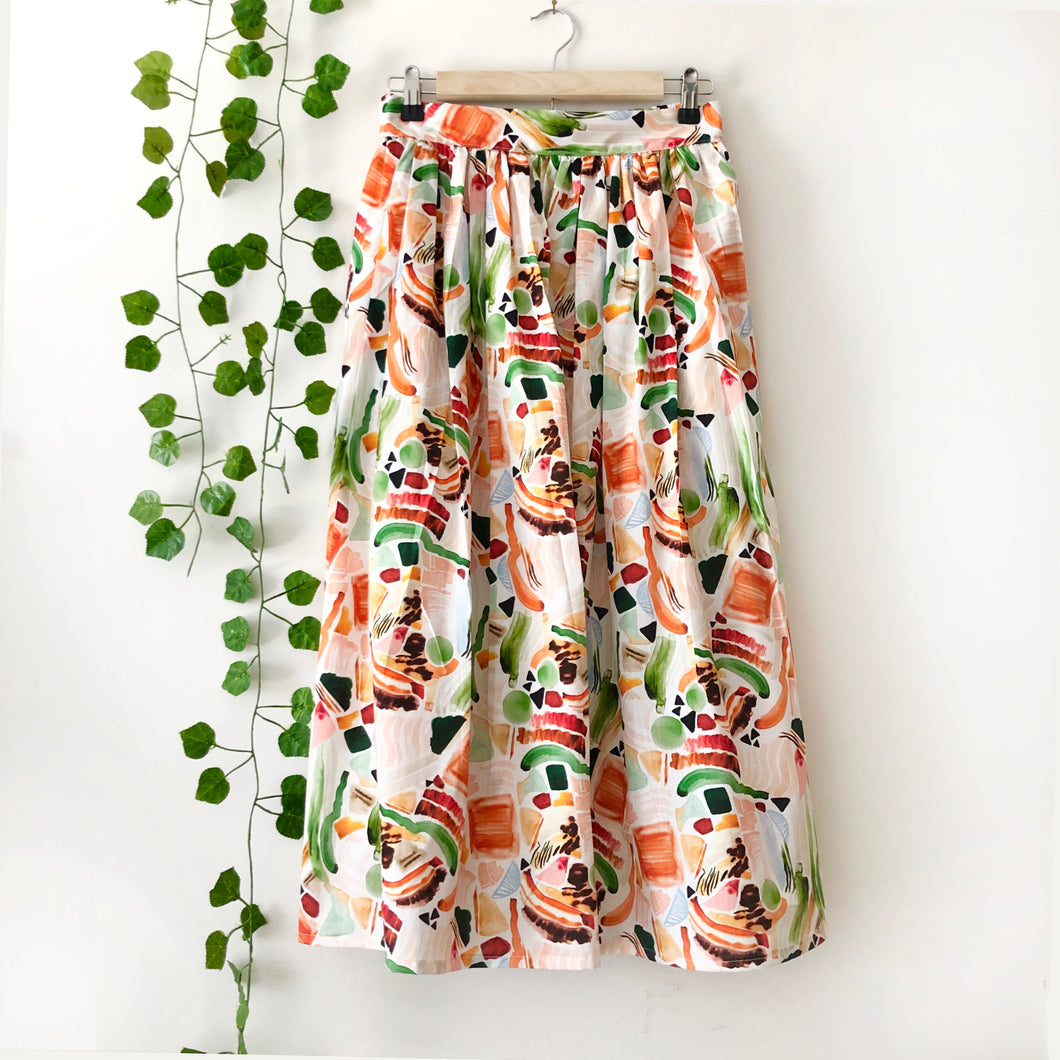 Watercolour Print Cotton Midi Skirt