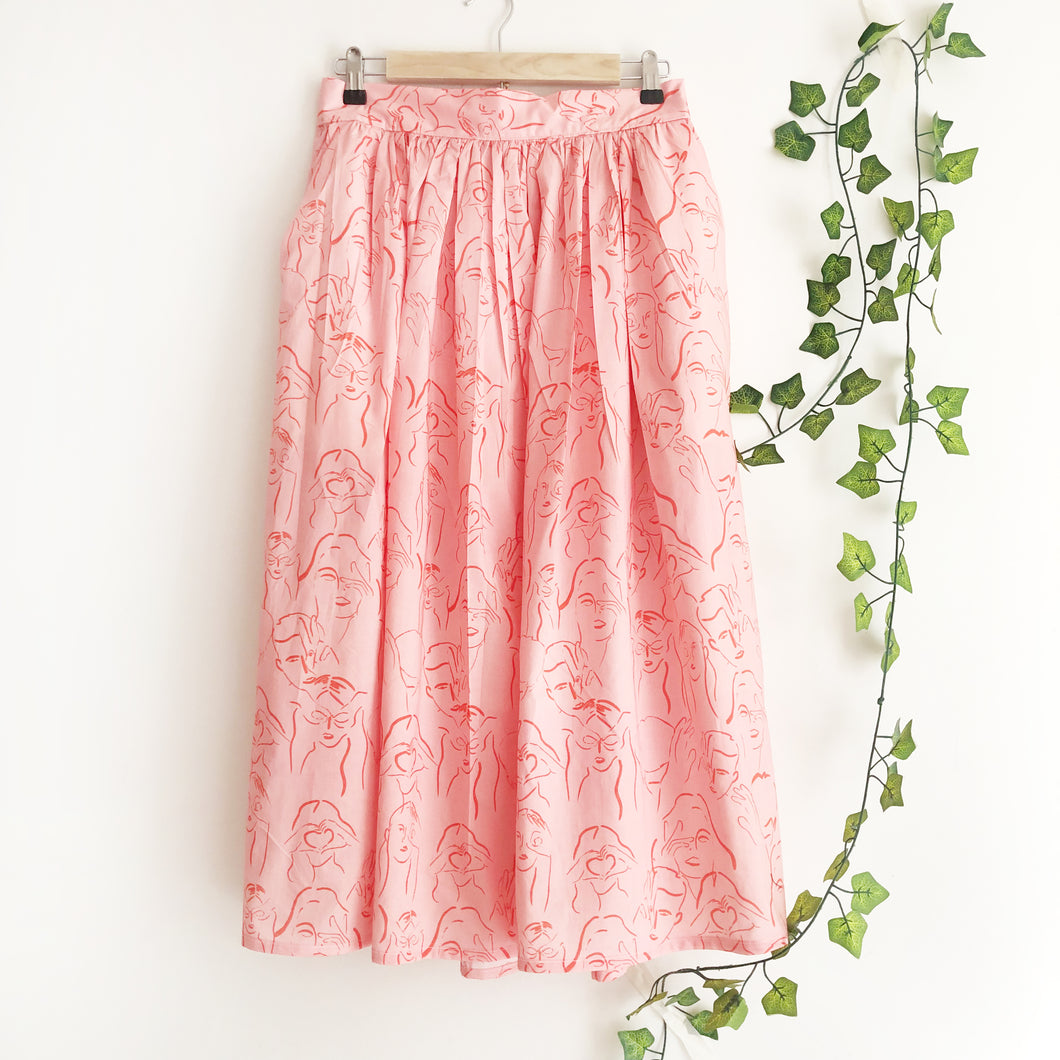 Pink Abstract Print Cotton Midi Skirt