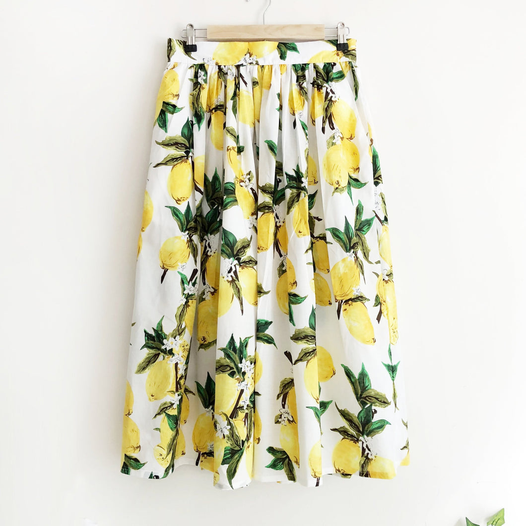 Lemon Print Cotton Midi Skirt
