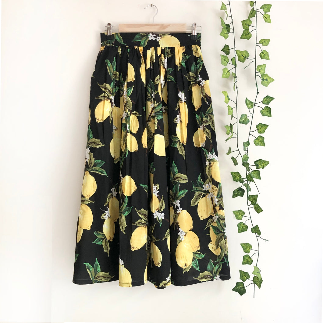 Lemon Print Cotton Midi Skirt