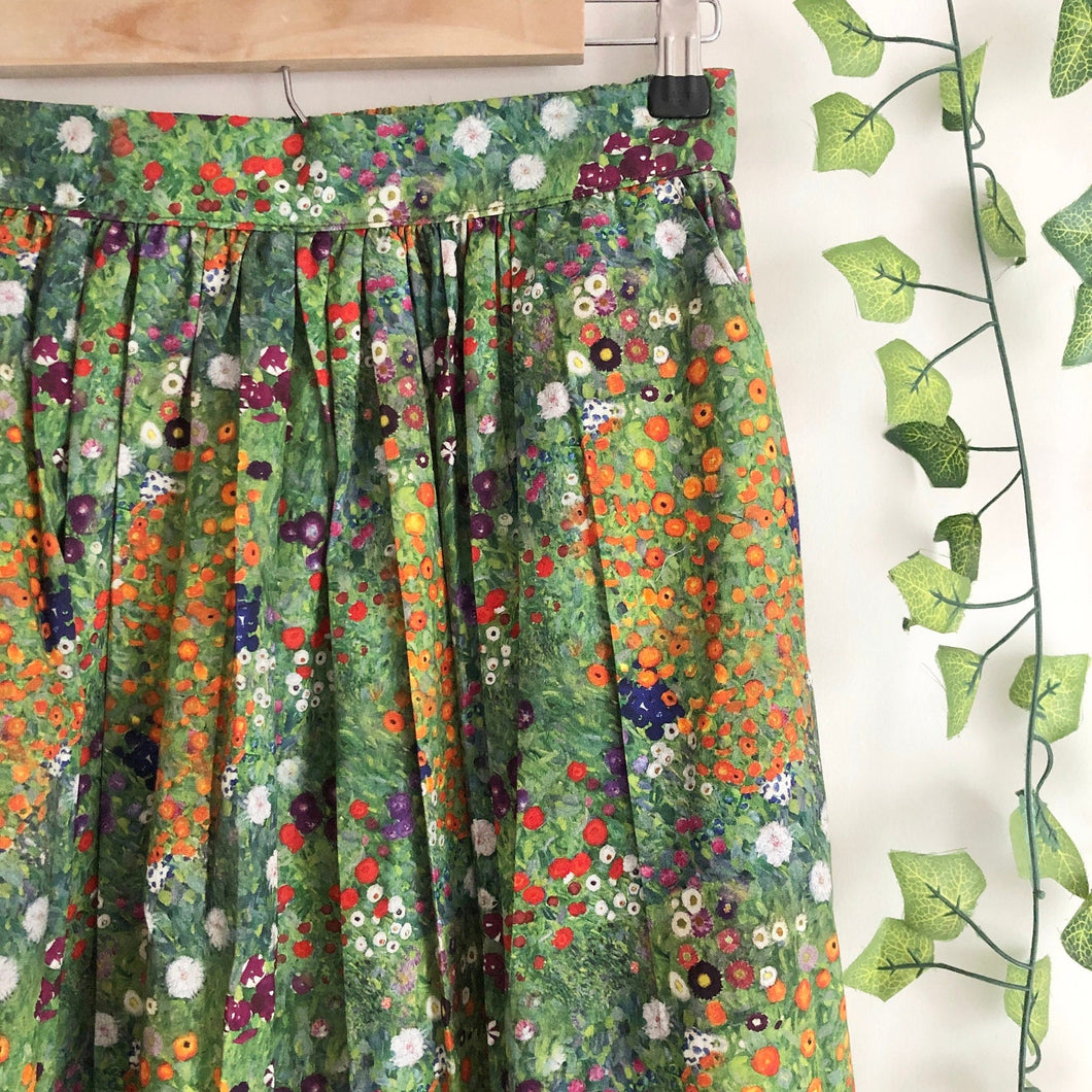 Flower Garden Printed Cotton Midi Skirt, Art Print Skirt